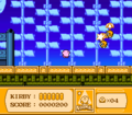 Kirby spits a star at the Waddle Doos trying to land on him.