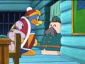 Chief Bookem tries in vain to stop King Dedede and Escargoon from seeing their cluttered home.
