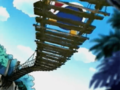 King Dedede torments Escargoon by shaking a rickety bridge they are crossing.