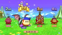 Meta Knight (in a Bandana Waddle Dee mask) celebrates his victory