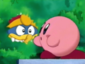 Kirby sees Dedede hiding in the bush.