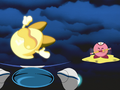 Kirby uses the Baton ability to defeat the first Air Rider.