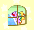 Kirby can be seen sleeping through his house's window in the credits of Milky Way Wishes in Kirby Super Star