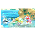 Story Mode credits picture from Kirby Star Allies, featuring Broom Hatter and co. swimming at Reef Resort