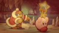 Extra Mode credits picture from Kirby's Return to Dream Land Deluxe, featuring Kirby with a key running from King Dedede