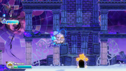 Magolor approaches the tower of Locandra Dimension - 4-3 in Kirby's Return to Dream Land Deluxe.