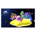 Story Mode credits picture from Kirby Star Allies, featuring Kirby and co. waving goodbye