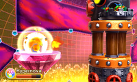 A Sectra Dee-piloted Steel Fortress engages Kirby, having knocked him back with an explosive missile.