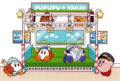 Artwork for Kirby Pupupu Train, featuring a Scarfy relaxing on the luggage tray