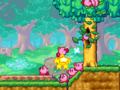 The Kirbys raid Floaty Woods' leafs through a hole on his face