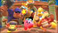 Picture of the main credits of Kirby and the Forgotten Land, showing Hammer Kirby with other hammer-wielders