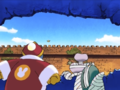 King Dedede and Escargoon watch as Escar-droid 2 - now uncontrollably militarized - flies off to attack Cappy Town.