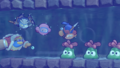 Main Mode credits picture from Kirby's Return to Dream Land Deluxe, featuring Kirby and co. swimming through an underwater tunnel passage with some Glunks in the way
