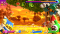 Kirby's friends are knocked into the fourth wall by the Crash Rush during a battle with Whispy Woods.