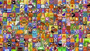 Splash screen for NES Remix Pack, featuring a Maxim Tomato, Poppy Bros. Sr., an Invincible Candy, a green Big Switch, Kirby, King Dedede, Poppy Bros. Jr., and Mr. Frosty