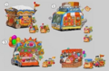 Concept art of Merry Magoland's Souvenir Shop for Kirby's Return to Dream Land Deluxe, featuring Lololo & Lalala Dress-Up Masks that are not in the final game