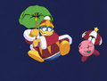 Kirby gives King Dedede some directions in the air.