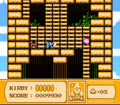 Kirby climbs up a wooden structure filled with ladders.