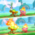 Tip image of a Fire Kirby giving an allied Blade Knight the Sizzle Power Effect from Kirby Star Allies
