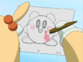 Honey works to color stencils of Kirby.