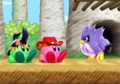 Kirby Fighters Deluxe credits picture, featuring Whip and Beetle Kirby sitting next to Coo in Coo's Forest
