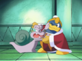 Escargoon stops King Dedede from barging in to his Waddle Dees' mess hall.