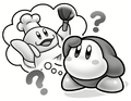 Waddle Dee looking for Kawasaki, in Kirby and the Dangerous Gourmet Mansion?!.