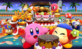 Kirby and Bandana Waddle Dee enjoy their hard-earned cake.
