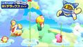 Official screenshot from Kirby JP Twitter, featuring the Adeleine and Ribbon masks used to recreate Kirby's team from Kirby 64: The Crystal Shards
