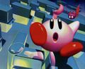 Artwork of young Kirby within a level setting