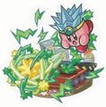 Artwork of the Spark Wave card from Kirby no Copy-toru!, with a Squeaky Hammer Machine placed in the background.