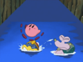 Kirby lands atop King Dedede's head in the river.