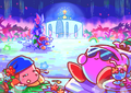 Kirby Star Allies Celebration Picture: "Friends' Getaway", featuring Kirby, Bandana Waddle Dee on the shore and King Dedede swimming with Meta Knight.