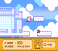 Kirby floats on by the cloud walkways.