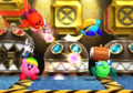 Kirby Fighters Deluxe credits picture, featuring Cutter, Beam, Sword, and Hammer Kirby battling in Factory Tour