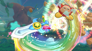 Waddle Dee crashes into the screen after being hit by Kirby's Ultra Sword in Kirby's Return to Dream Land Deluxe