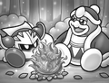 King Dedede and Meta Knight sit by the fire, clearing up the confusion