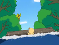 Tokkori finds the chick on a log in the river.