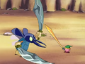 Sword Kirby battles Bugzzy with a very long sword in Kirby's Duel Role. (Kirby: Right Back at Ya!)