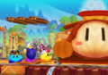 Kirby Fighters Deluxe credits picture, featuring Whip, Bomb, and Cutter Kirby waiting for a train to pass by