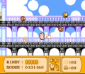 Kirby shouts at the enemies on the elevated bridge.