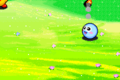 A Bubbles serving the bomb in the Bomb Rally sub-game in Kirby: Nightmare in Dream Land