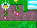 A few Kirbys pull down two Jerkweeds, one of which reveals a Rainbow Medal.