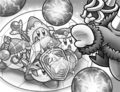 Sword Hero Kirby using his Hero Shield to protect Team Kirby from King D-Mind's attacks, in Kirby: Super Team Kirby's Big Battle!