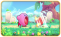 Screenshot of Kirby inhaling a Waddle Dee