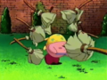 Cleaning Kirby fights back against the brooms.