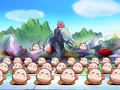 The Waddle Dees doing a victory dance with Kirby