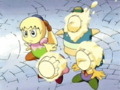 Kirby, Tuff, and Iro are pied by King Dedede's minions.