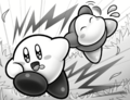 Kirby attempts to run off to the celebration with Waddle Dee.