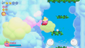 Kirby spies a partially hidden pathway in a cloud wall.